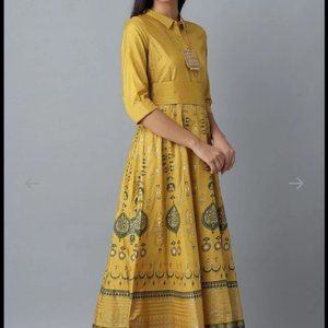 Mustard Printed Shirt Dress With Belt and Necklace